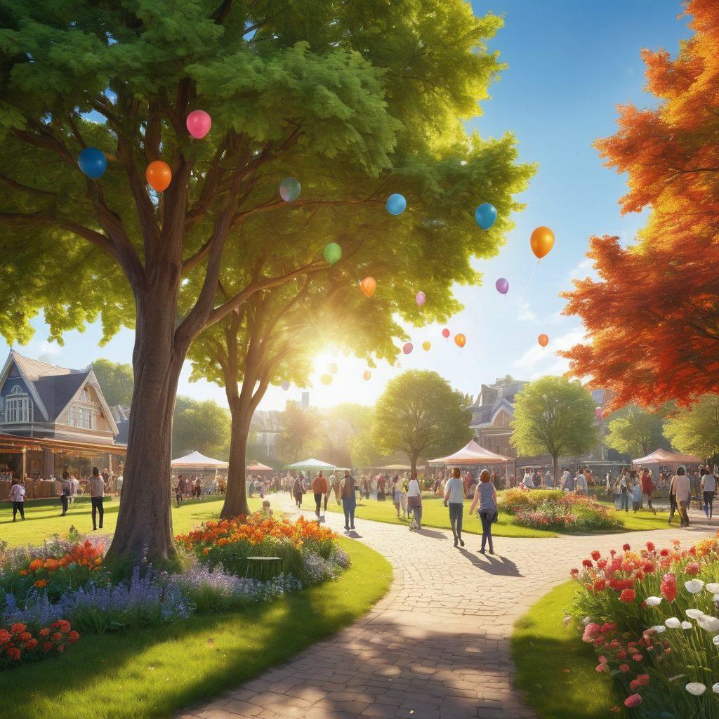 A vibrant, sunlit park scene featuring diverse people of all ages and backgrounds engaged in community activities, such as planting flowers, sharing food, and playing games, embodying joy and togetherness. Balloons and banners celebrating 'happiness' add a festive touch. Beautiful trees and flowers surround the area, enhancing the sense of a supportive, cheerful environment. super-realistic. vibrant colors. warm atmosphere.