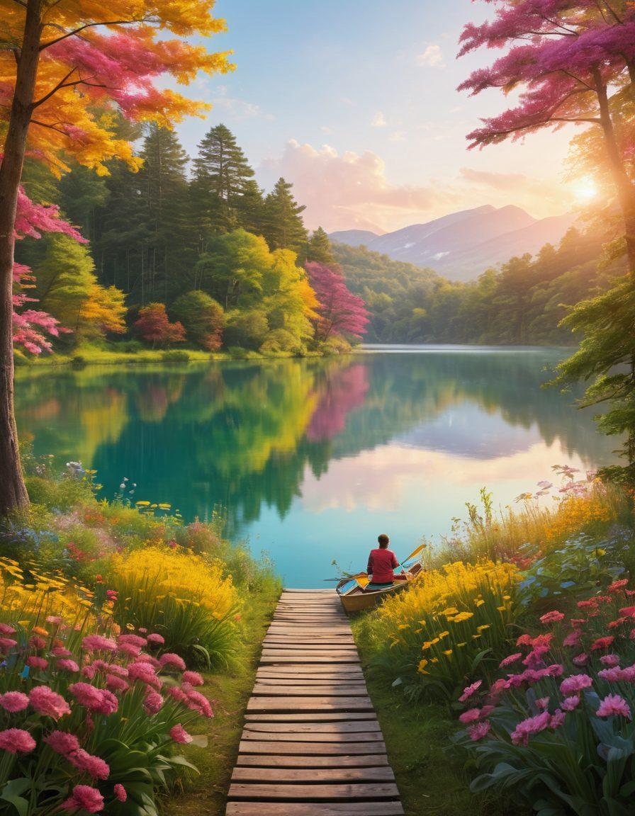 A serene landscape transitioning from calm contentment to vibrant joy, featuring a peaceful lake surrounded by lush greenery on one side and a lively, colorful festival scene on the other. Include elements such as a sun rising over the horizon, happy people engaging in joyful activities, and resources symbolized by books and tools scattered throughout. The color palette should shift from soft blues and greens to bright yellows and pinks, symbolizing the journey from peace to euphoria. super-realistic. vibrant colors. dynamic composition.