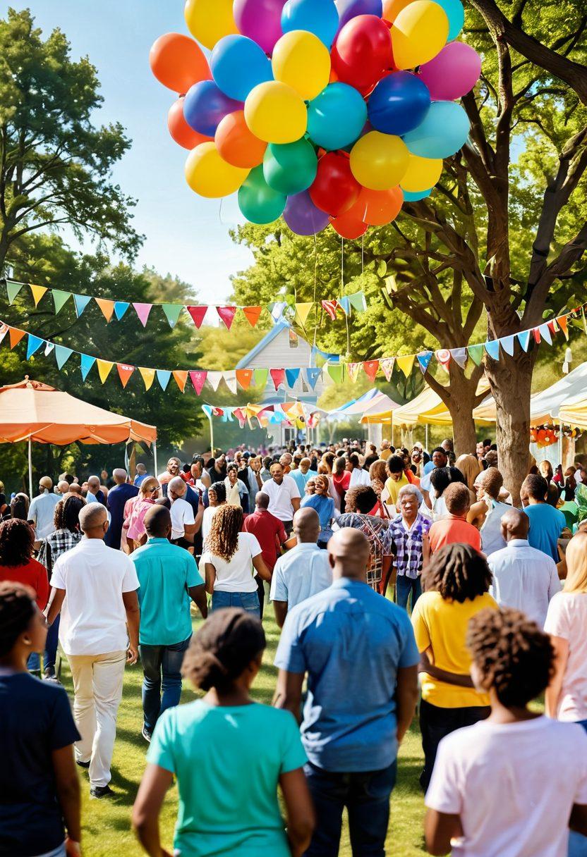 An inviting community gathering scene with diverse people smiling and connecting, surrounded by colorful balloons and banners celebrating happiness. Emphasize elements of joy such as laughter and group activities, with a peaceful park setting in the background. Incorporate warm sunlight filtering through trees to enhance the cheerful atmosphere. vibrant colors. super-realistic.